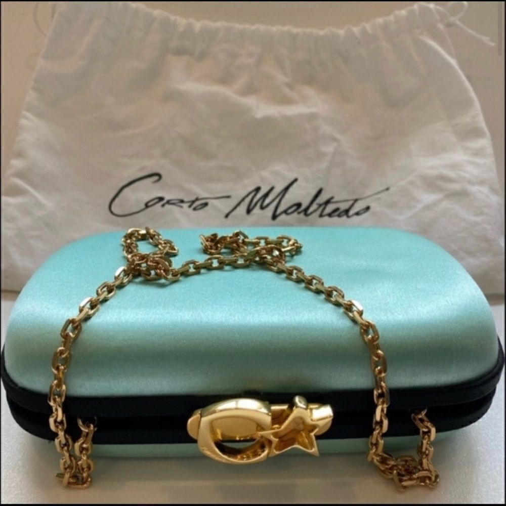 CARTO MOLTEDO Susan Blue Satin Chain Clutch Bag NWT